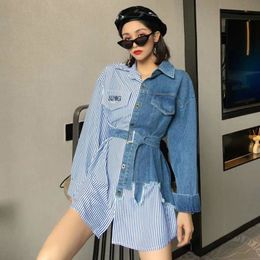 Spring Female Loose Casual Turn Down Patchwork Denim Panelled Striped Long Sleeve Shirt Dress With Belt 8Q474 210510