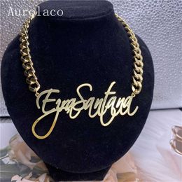 AurolaCo Custom Name Necklace 8mm Cuban Chain Necklace Personalised Stainless Steel Letter Pendant Necklace Women Gifts 211110