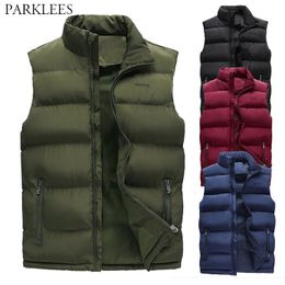 Solid Casual Men Winter Vest Jacket Fashion Warm Simple Mens Sleeveless Waistcoat Stand Collar Outdoor Gilet Male Veste Hommes 210524