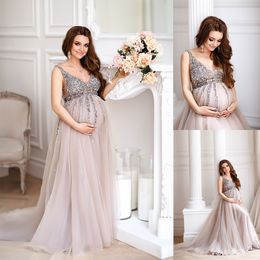 Glitter Sequins Tulle Sleepwear Robes Maternity Women V Neck Bridal Ruffles Pregnant Woman Photoshoot Dress Sleeveless Sheer Party Gowns