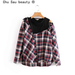 Chu Sau beauty Fashion Casual Plaid Blouses Women Sweet Chic Fake Two Pieces Female Shirts Ins Blogger Style Blouse 210508