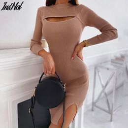 Sexy Wrapped Knitted Dress Women Autumn Solid Sheath Sweater Ribbed Dresses Women Knee-Length Bodycon Long Sweater Female 210514
