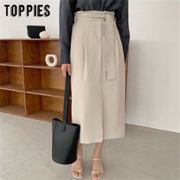 Spring Summer Korean Midi Skirts Womens High Waist Straight Solid Colour Lace-up 210421