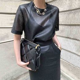 Women Streetwear Casual Two Piece Sets Summer Sexy Hollow Out Outfits Woman Korean Shirts and Midi Wrap Skirt Office Suits 210525
