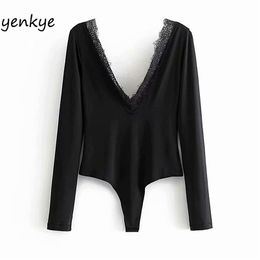 Sexy Lace Trim Vintage Black Bodysuit Women V Neck Long Sleeve Slim Blouse Tops body mujer DJF9029 210514