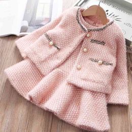 Girl Winter Suits Kid's Warm Clothes Child Princess Dress+Coat 2 Piece Sets 1-3-6Years Baby Outfits for Kids Girls Clothes 210701