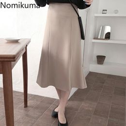 Nomikuma Korean Chic Autumn High Waist Skirt Women Solid Colour A Line Mid Calf Skirts Fashion Arrival Faldas Mujer 3d107 210514