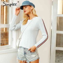 O neck stripe knitted sweater Women elegant slim fit pullover and sweaters fashion autumn winter female jumpers 210414