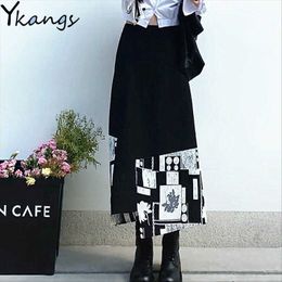 All-match Irregular print Black skirt Brief Chic Casual Loose Plus Size Streetwear High Waist Stylish Office Lady Skirt 210619
