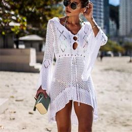 Womens Swimwear Womens White Crochet Bikini Swimsuit Cover Up Hollow Out V Neck Long Flare Sleeve Tunic Beach Dress Sexy Knitted Coverups