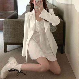 2 Piece Set Women Autumn V-Neck Spaghetti Strap Mini Dress+Casual White Blazers Y2k Set Fashion Suit Party Korean Clothing 210330