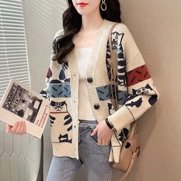H.SA Sweater Tops Women Long Sleeve Oversized Cartoon Cat Printed Knit Cardigans Sweater Coat korean style winter clothes women 210716