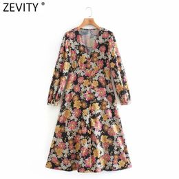 Women Vintage V Neck Pleats Long Sleeve Floral Print Breasted Casual Kimono Dress Ladies Retro Chic Brand Vestido DS4763 210420