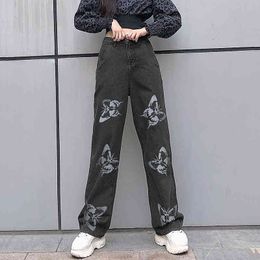 Butterfly Print Straight Wide Denim Pants Women Baggy Y2K Jeans For Girls Female Fashion High Waisted Trouser Streetwear 210415