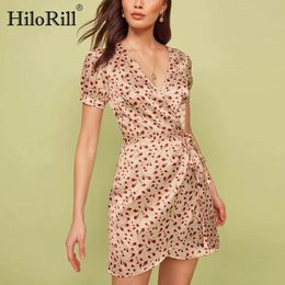 Women Elegant V Neck Party Dresses Summer Boho A Line Wrap Mini Vintage Short Sleeve With Headband 210508