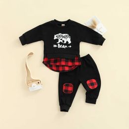 Autumn Kids Boy Christmas Outfits Bear Red Plaids Print Tops Trousers Boy Clothes 2pcs Baby's Sets 0-24m G1023