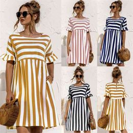 Leosoxs Summer New Fashion O Neck Women's Dress Casual Loose Solid Short Sleeve Ruffle Patchwork Pocket Ladies Stripe Dress 210331