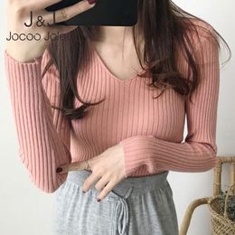 Korean Harajuku Solid Knitting Sweaters Elegant V Neck Slim Pullovers Casual All-match Ribbed Jumpers Women Retro Tops 210518