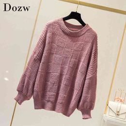 Women Knit Pullover Sweater Loose Batwing Sleeve Casual Pure Sweater Autumn Winter Cashmere Jumper Round Neck Top Pull Femme 210414