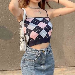 Kawaii Argyle Print Knit Y2k Camis Strap Crop Top For Girls Summer Fashion Women Vintage Plaid Shirt Sleeveless Tank Female 210510