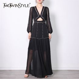 Black Hollow Out Dress For Women V Neck Lantern Long Sleeve High Waist Maxi Dresses Female Spring Fashion 210520