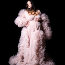 Illusion Sleepwear Pink Maternity Dresses V Neck Women Gown for Photoshoot Boudoir Lingerie Tulle Robe Bathrobe Nightwear Babydoll Robe