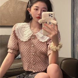 Sweet Pink Puff Short Sleeve Peter Pan Collar Patchwork Lace Shirts Women Summer Single-breasted Blouse Fashion Tops Chic 210429