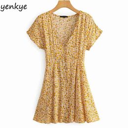 Holiday Summer Dress Women Vintage Floral Print Female Short Sleeve V Neck Sashes A-line Casual Beach 210514