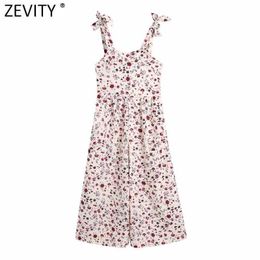 Zevity Women Sweet Floral Print Bow Tied Strap Wide Leg Pants Jumpsuits Chic Lady Elastic High Waist Casual Slim Rompers DS8307 210603