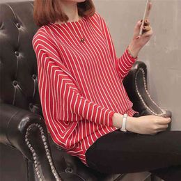 Autumn Winter Women's Sweaters Korean Striped Bat Sleeve Knit Top Loose and Versatile Pullover Bottoming Shirt GX612 210507