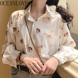 Blouses Kawaii Sweet Print Vintage Pockets Women Shirts Sping Casual All Match Girls Ins Fashion Blusas 14995 210415