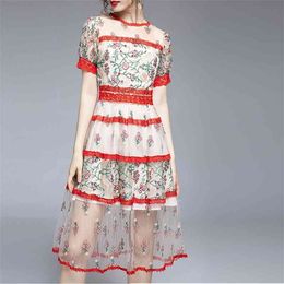 Summer Mesh Embroidery Flowers Dress Women O-Neck Casual Party Slim Long es Vintage Elegant Vestidos 210520