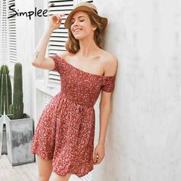 Off shoulder floral summer Vintage high waist beach dress women Sexy short dresses vestidos 210414