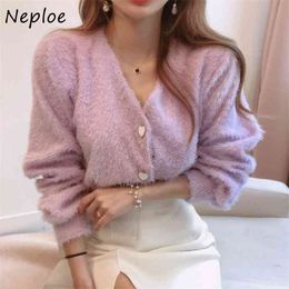 Women Sweater Korean Chic Autumn Winter Elegant V-neck Lovely Button Warm Short Cardigan Thick Tops Fashion 210422