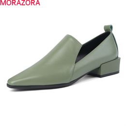 MORAZORA Genuine Leather Shoes Women Ladies Office Dress Shoes Spring Autumn 2 Colors Simple Women Pumps Black Green 210506