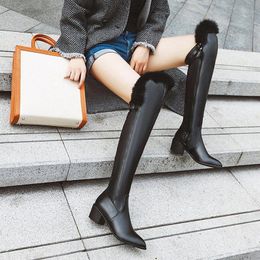 Kış Kadın Diz Çizmeleri Üzerinde Kadın Uyluk Yüksek Boot Kürk Zip Kalın Topuklu Ayakkabı Knight Boyutu 33 43 Botas Mujer G4T1 #