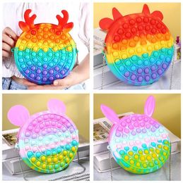 2021 Silicone Backpack Kids Rainbow Bubble Messenger Bag Rabbit Deer Cow Mouse Ears Style Fidget Toy Macaron Colour Handbag Stress Reliever Sensory Toys With Chain