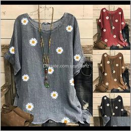 Blouses & Womens Clothing Apparel Drop Delivery 2021 Vintage Daisy Print Women Cotton And Linen O-Neck Short Sleeve Top Shirts Blouse Plus Si