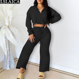 Casual Tracksuit Outfits Long Sleeve Zipper Crop Tops Strappy Loose Pants 2 Peice Sets for Women Solid Plus Size Autumn Conjunto 210520