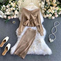 Women Sweater Two Piece Outfits Autumn Winter Sexy V Neck Pullover and Wrap Skirt Set Woman Elegant 2 Sets Clothes 210525
