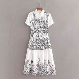 Women Placement Print Sashes White Shirt Dress Vintage Femme Long Sleeve Loose Clothes Casual Lady Vestido D6561 210430