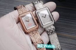 Classic Women Quartz Watch Boyfriend Tweed Stainless Steel Mesh buckle Full Diamond Rectangle Wristwatch Sapphire Glass Clock