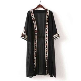 DkunhuiLC Fashion Womens Black White Color Geometric Embroidery Ethnic Shirt Cardigan Summer Sunscreen Kimono Loose Blouses 2021 H1230