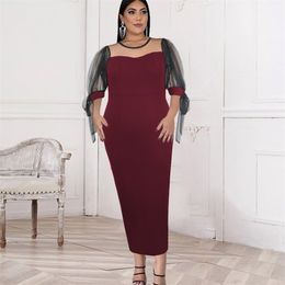 Burgundy Bodycon Dresses Plus Size 4XL 5XL O Neck Polka Dot See Through Midi Length Office Evening Party Event Robes Summer 210527
