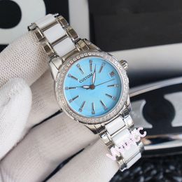 Fashion Women Automatic Mechanical ceramic watches Pink Blue dial clock Stainless Steel geometric cz diamond calendar Watch