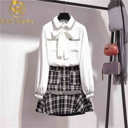 Women 2 Piece Set Spring white Chiffon Bowknot shirt Tops + Black plaid tweed mermaid Skirt 210506