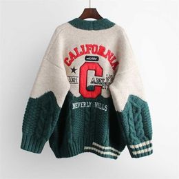 H.SA Women Oversized Cardigans V Neck Letters Embroidery Casual Patchwork Loose Jumpers Thick Warm Spring Knit Jacket Coat 211215