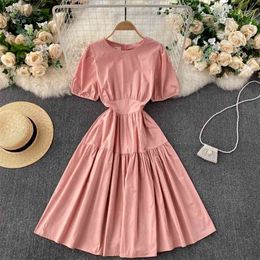 Women's Summer Fashion Round Neck Short Sleeve Simple Solid Colour Slim A-line Dress Vestido De Mujer S016 210527