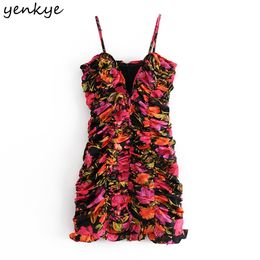 Fashion Women Tropical Print Spaghetti Strap Sexy Dress Femme Sleeveless Draped Bodycon Mini Party Romantic Vestido 210514