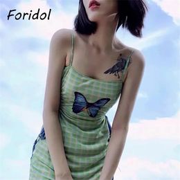 Foridol Butterfly Print Summer Dress Women Sleeveless Tulle Bodycon Midi Green Dress Sexy Side Cutout Lace Up Plaid Dress 210415